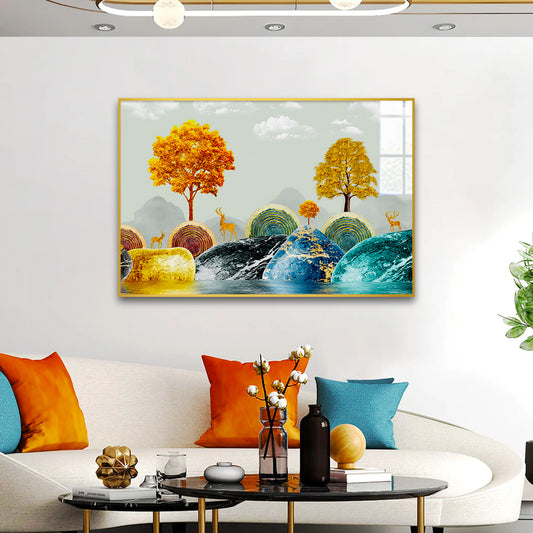 Radiant Arboreal Reverie Golden Trees Floating Framed Acrylic Wall Paintings & Arts