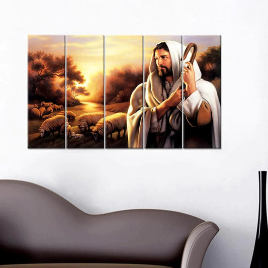 Jesus The Savior Spiritual Wall Painting On Canvas In Multiple Frames - 5 Panel Sets