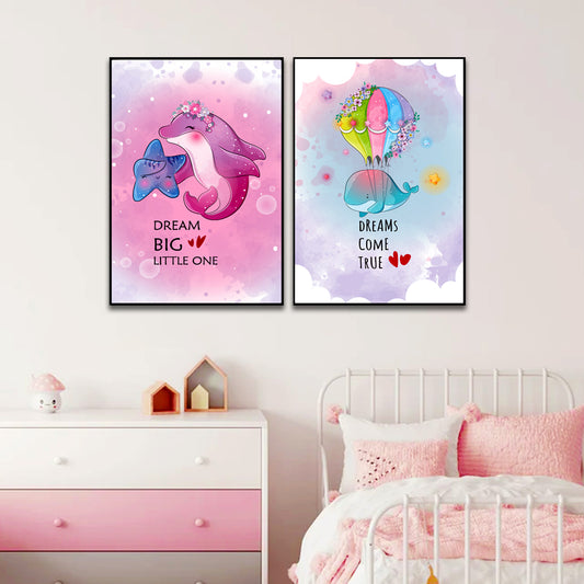 Cute Animal Dolphin With Starfish And Stingray Happy Flying Frame Set Of 3