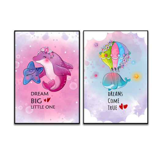 Cute Animal Dolphin With Starfish And Stingray Happy Flying Frame Set Of 3