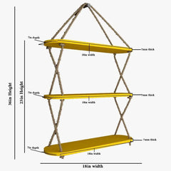 Wooden Wall Hanging Planter Shelf, Cross Rope with Three Layer (Yellow Color)