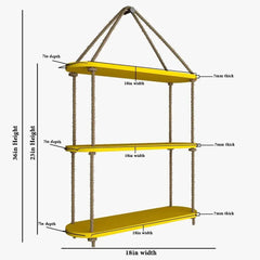 Wooden Wall Hanging Planter Shelf with Rope Three Layer (Yellow color)