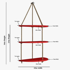 Wooden Wall Hanging Planter Shelf with Rope Three Layers(Red)