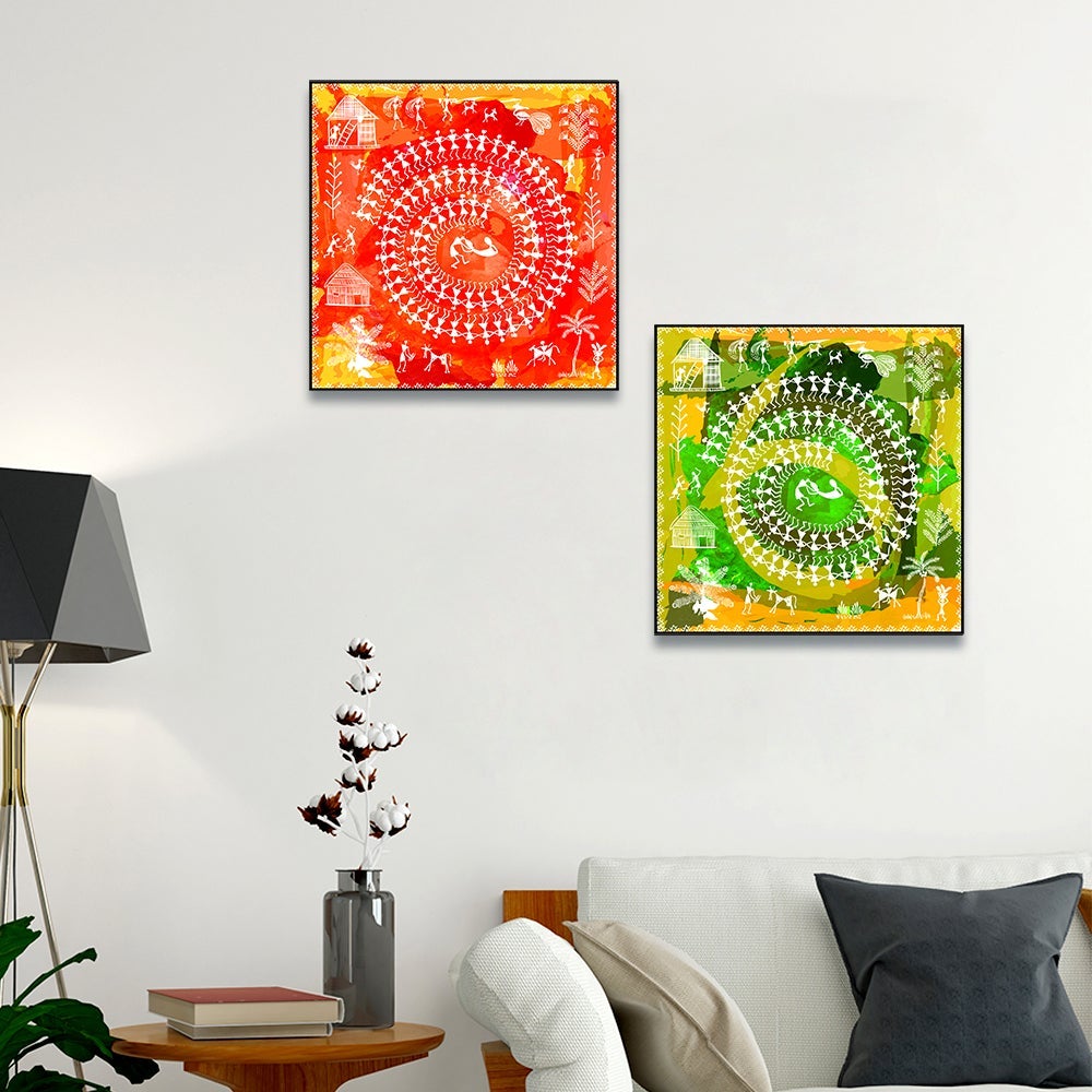 Sinuous Trailed Fluorescent Warli Art Wall Frames-Set Of 2