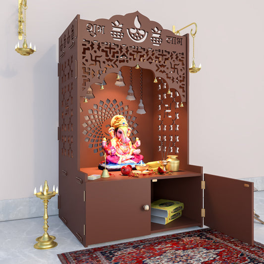 Divine Wooden Floor Temple with Spacious Shelf & Inbuilt Focus Light- Brown