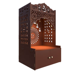 Divine Wooden Floor Temple with Spacious Shelf & Inbuilt Focus Light- Brown