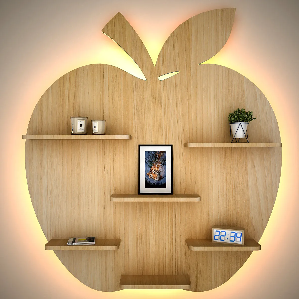 Apple Shape Backlit Wood Wall Shelf / Book Shelf / Night Light, Light Oak Finish