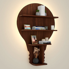 Bulb Shape Backlit Wood Wall Shelf / Book Shelf / Night Light, Walnut Finish