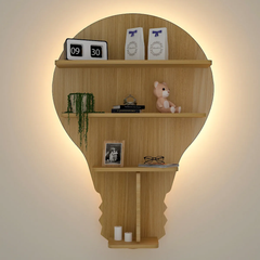 Bulb Shape Backlit Wood Wall Shelf / Book Shelf / Night Light, Light Oak Finish