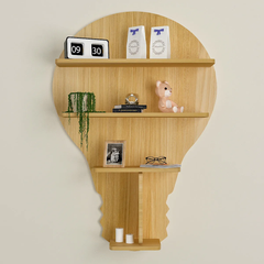 Bulb Shape Backlit Wood Wall Shelf / Book Shelf / Night Light, Light Oak Finish