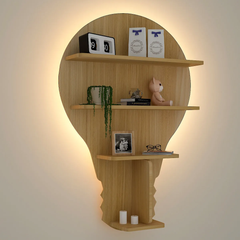 Bulb Shape Backlit Wood Wall Shelf / Book Shelf / Night Light, Light Oak Finish