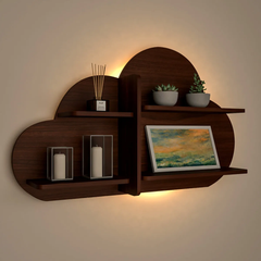 Cloud Shape Backlit Wood Wall Shelf / Book Shelf / Night Light, Walnut Finish