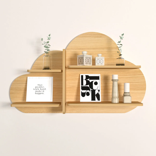 Cloud Shape Backlit Wood Wall Shelf / Book Shelf / Night Light, Light Oak Finish