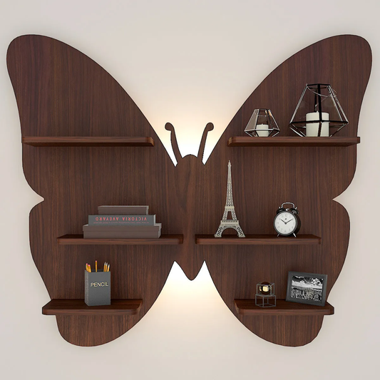 Butterfly Shape Backlit Wood Wall Shelf / Book Shelf / Night Light, Walnut Finish