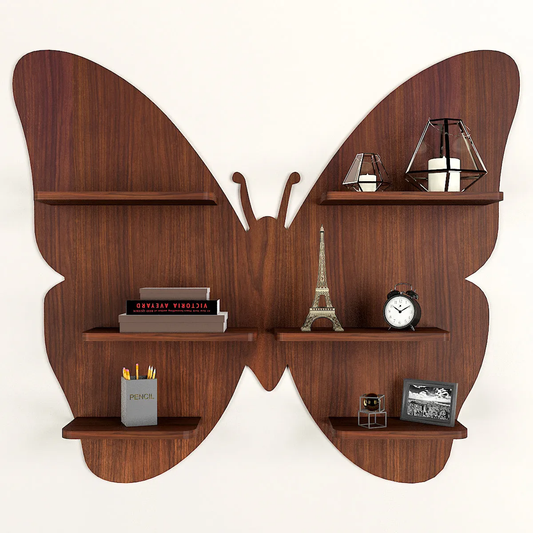 Butterfly Shape Backlit Wood Wall Shelf / Book Shelf / Night Light, Walnut Finish