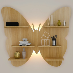 Butterfly Shape Backlit Wood Wall Shelf / Book Shelf / Night Light, Light Oak Finish