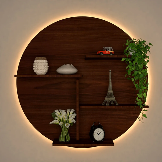 Circle Shape Backlit Wood Wall Shelf / Book Shelf / Night Light, Walnut Finish