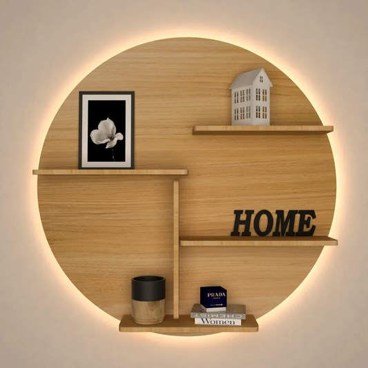 Circle Shape Backlit Wood Wall Shelf / Book Shelf / Night Light, Oak Finish