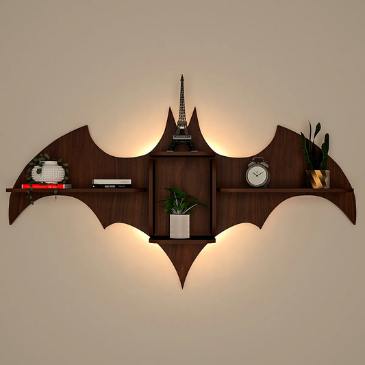 Bat Shape Backlit Wood Wall Shelf / Book Shelf / Night Light, Walnut Finish