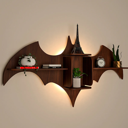 Bat Shape Backlit Wood Wall Shelf / Book Shelf / Night Light, Walnut Finish