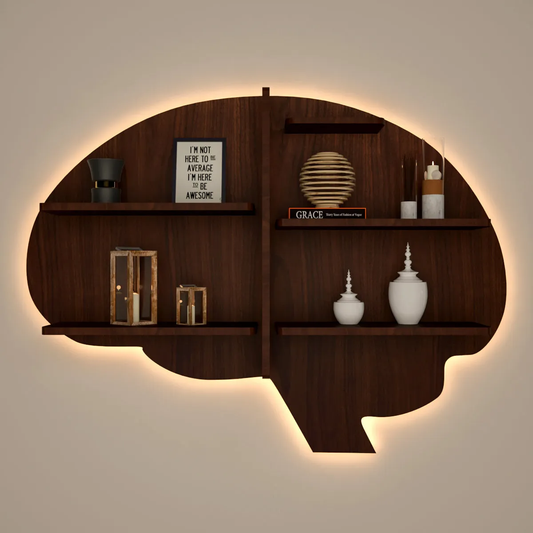 Brain Shape Backlit Wood Wall Shelf / Book Shelf / Night Light, Walnut Finish