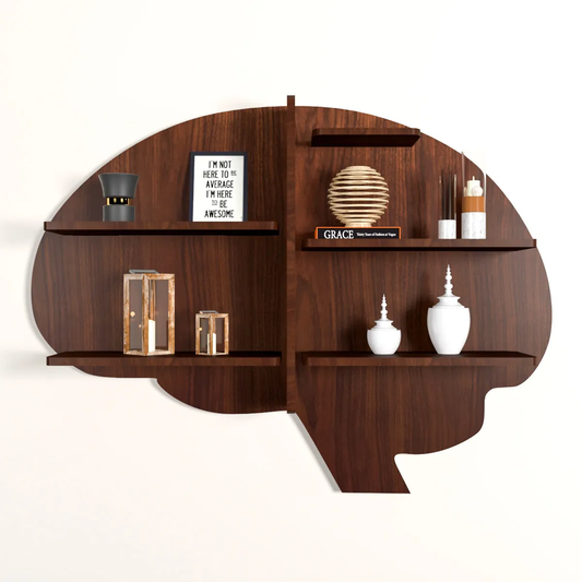 Brain Shape Backlit Wood Wall Shelf / Book Shelf / Night Light, Walnut Finish