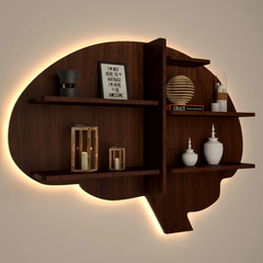 Brain Shape Backlit Wood Wall Shelf / Book Shelf / Night Light, Walnut Finish