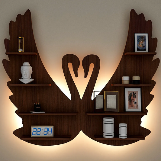 Loving Swan Backlit Wood Wall Shelf / Book Shelf / Night Light, Walnut Finish