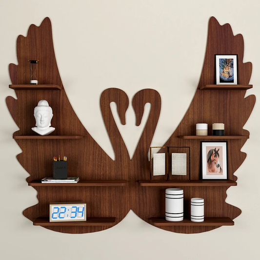 Loving Swan Backlit Wood Wall Shelf / Book Shelf / Night Light, Walnut Finish