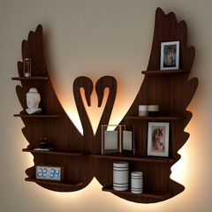 Loving Swan Backlit Wood Wall Shelf / Book Shelf / Night Light, Walnut Finish