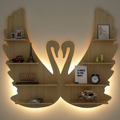 Loving Swan Backlit Wood Wall Shelf / Book Shelf / Night Light, Light Oak Finish