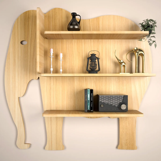 Elephant Shape Wood Wall Shelf / Book Shelf, Light oak Finish