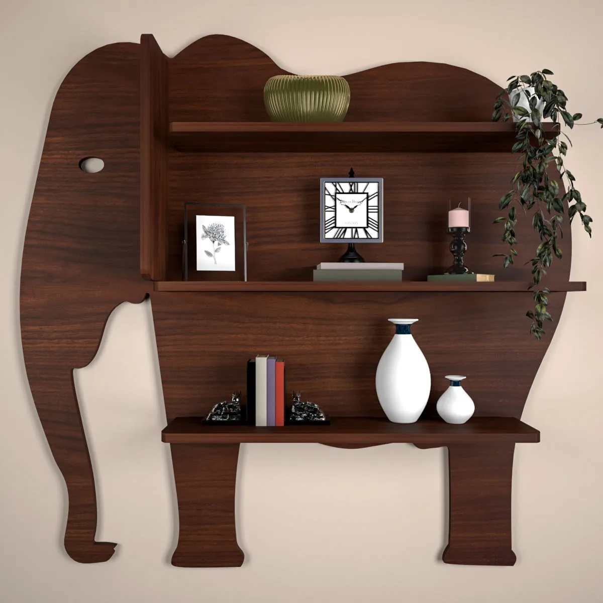 Elephant Shape Wood Wall Shelf / Book Shelf, Walnut Finish