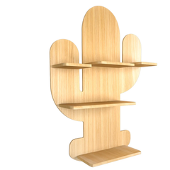 Cactus Shape Wood Wall Shelf / Book Shelf, Light Oak Finish