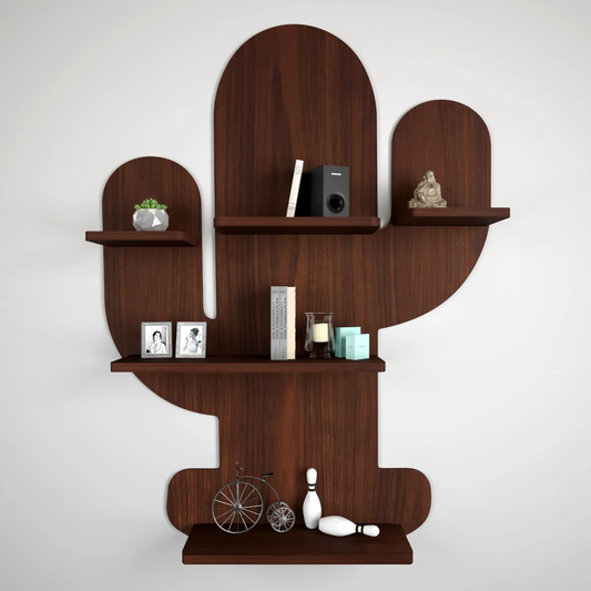 Cactus Shape Wood Wall Shelf / Book Shelf, Walnut Finish