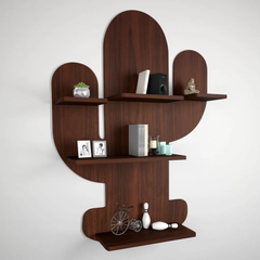 Cactus Shape Wood Wall Shelf / Book Shelf, Walnut Finish